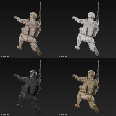 3D model of a kneeling soldier, holding his weapon in one hand in a resting position and pointing into the distance with the other, from 2020, USA.