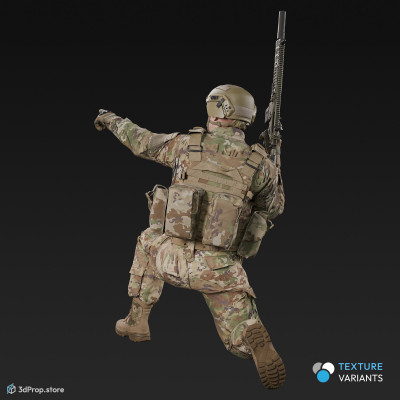 3D model of a kneeling soldier, holding his weapon in one hand in a resting position and pointing into the distance with the other, from 2020, USA.