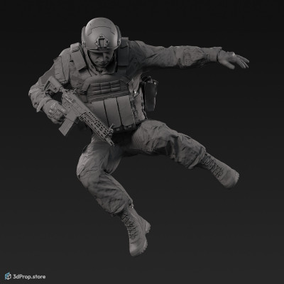 3D model of a military soldier in a jumping pose, while wearing military uniform with four camouflage pattern variations and holding a weapon in his one hand, from 2020, USA.