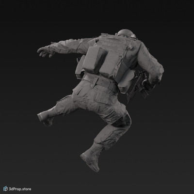 3D model of a military soldier in a jumping pose, while wearing military uniform with four camouflage pattern variations and holding a weapon in his one hand, from 2020, USA.