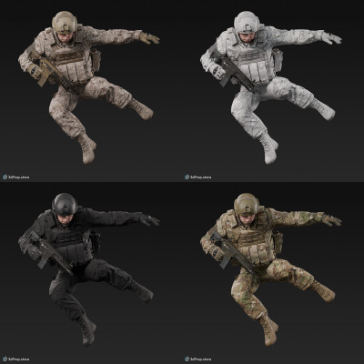 3D model of a military soldier in a jumping pose, while wearing military uniform with four camouflage pattern variations and holding a weapon in his one hand, from 2020, USA.