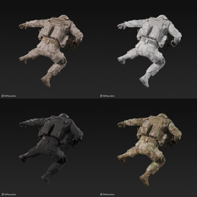 3D model of a military soldier in a jumping pose, while wearing military uniform with four camouflage pattern variations and holding a weapon in his one hand, from 2020, USA.