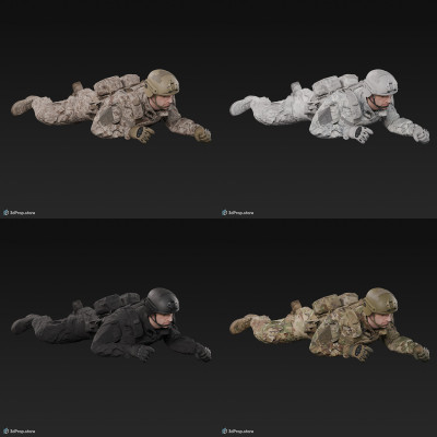 3D model of a high crawling soldier on the ground, while wearing military uniform with four camouflage pattern variations, from 2020, USA.