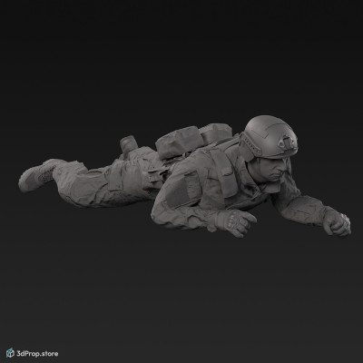 3D model of a high crawling soldier on the ground, while wearing military uniform with four camouflage pattern variations, from 2020, USA.