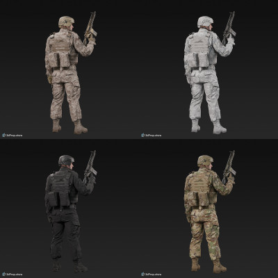 3D model of a soldier character, wearing modern military uniform, standing and holding his weapon in one hand.