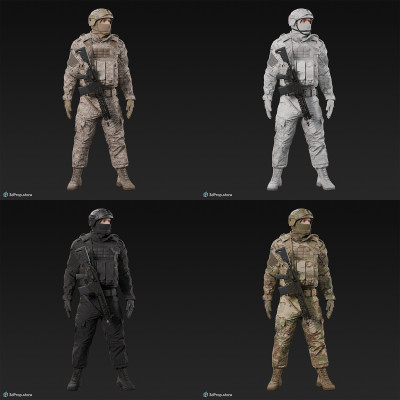 3D model of a standing soldier equipped with a gun.
