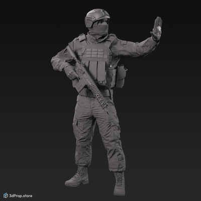 3D model of a standing soldier holding a weapon in one hand, at rest, while his other hand is held up to stop the approaching ones, from 2020, USA.