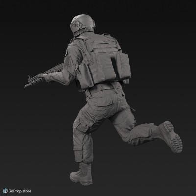 3D model of a running soldier, holding a weapon both of his hands, while wearing military uniform with four camouflage pattern variations, from 2020, USA.