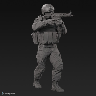 3D model of a standing soldier in an aiming pose, pointing his weapon in front of him, while wearing military uniform with four camouflage pattern variations, from 2020, USA.