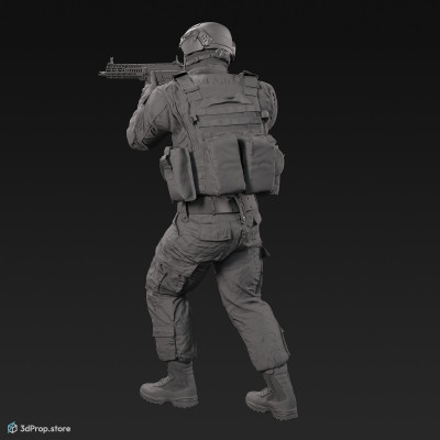 3D model of a standing soldier in an aiming pose, pointing his weapon in front of him, while wearing military uniform with four camouflage pattern variations, from 2020, USA.