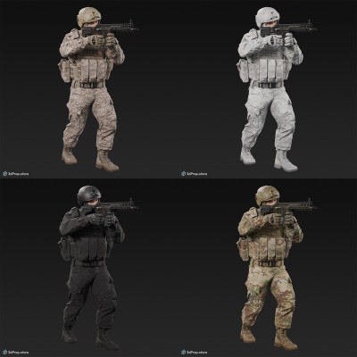 3D model of a standing soldier in an aiming pose, pointing his weapon in front of him, while wearing military uniform with four camouflage pattern variations, from 2020, USA.