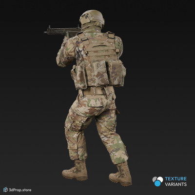 3D model of a standing soldier in an aiming pose, pointing his weapon in front of him, while wearing military uniform with four camouflage pattern variations, from 2020, USA.