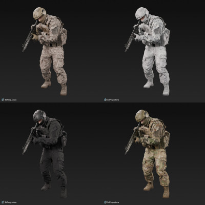 3D model of a standing soldier, aiming with his weapon downwards, while wearing a cap, military trousers, boots and jacket with four camouflage pattern variations, from 2020, USA.