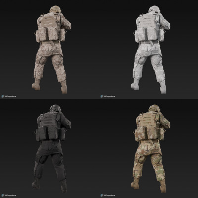 3D model of a standing soldier, aiming with his weapon downwards, while wearing a cap, military trousers, boots and jacket with four camouflage pattern variations, from 2020, USA.