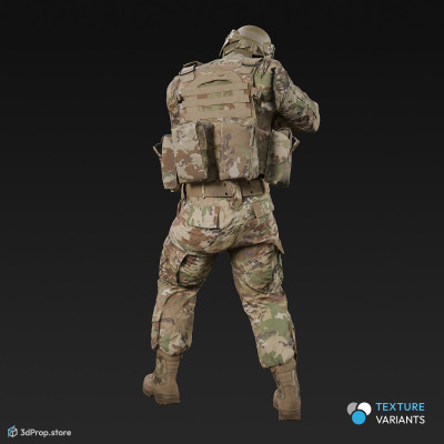 3D model of a standing soldier, aiming with his weapon downwards, while wearing a cap, military trousers, boots and jacket with four camouflage pattern variations, from 2020, USA.