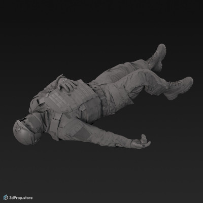 3D model of a wounded soldier about to collapse from a gunshot wound, wearing military uniform with four camouflage pattern variations, from 2020, USA.