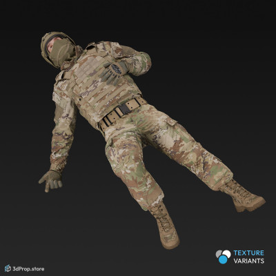 3D model of a wounded soldier about to collapse from a gunshot wound, wearing military uniform with four camouflage pattern variations, from 2020, USA.