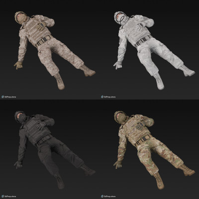 3D model of a wounded soldier about to collapse from a gunshot wound, wearing military uniform with four camouflage pattern variations, from 2020, USA.