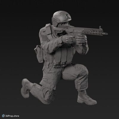 3D model of a kneeling soldier, aiming straight ahead with his weapon.