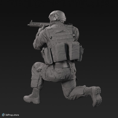 3D model of a kneeling soldier, aiming straight ahead with his weapon.