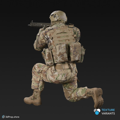 3D model of a kneeling soldier, aiming straight ahead with his weapon.