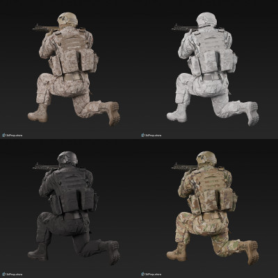 3D model of a kneeling soldier, aiming straight ahead with his weapon.