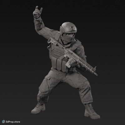 3D model of a crouched US soldier, holding his weapon in one hand and gesturing with the other