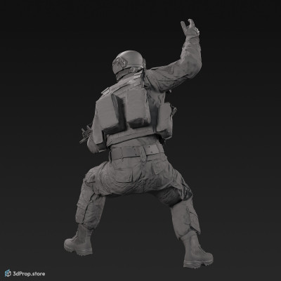 3D model of a crouched US soldier, holding his weapon in one hand and gesturing with the other