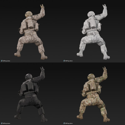 3D model of a crouched US soldier, holding his weapon in one hand and gesturing with the other