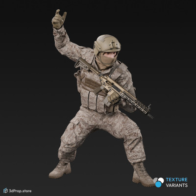 3D model of a crouched US soldier, holding his weapon in one hand and gesturing with the other