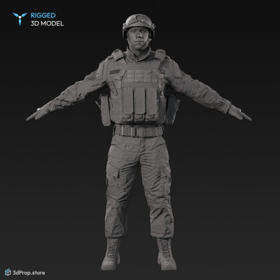 3D scan of a male soldier, in operational camouflage pattern military uniform, wearing helmet, combat gloves and tactical vest, standing in an A-pose, from 2020, USA. His uniform made of cotton, polyester, Kevlar and nylon.