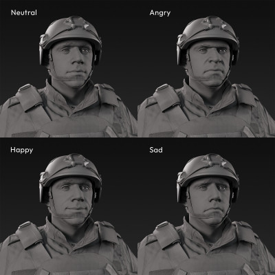 3D scan of a male soldier, in military uniform with four camouflage pattern variations, wearing helmet, combat gloves and tactical vest, standing in an A-pose, from 2020, USA. His uniform made of cotton, polyester, Kevlar and nylon.