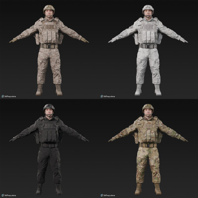 3D scan of a male soldier, in military uniform with four camouflage pattern variations, wearing helmet, combat gloves and tactical vest, standing in an A-pose, from 2020, USA. His uniform made of cotton, polyester, Kevlar and nylon.