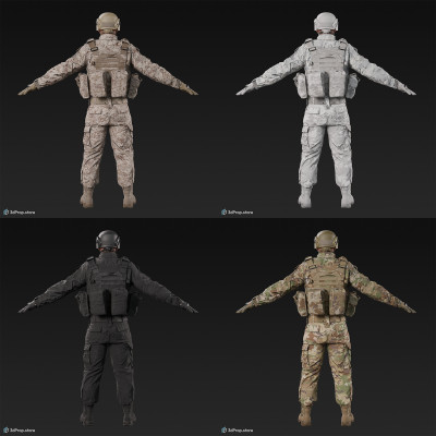 3D scan of a male soldier, in military uniform with four camouflage pattern variations, wearing helmet, combat gloves and tactical vest, standing in an A-pose, from 2020, USA. His uniform made of cotton, polyester, Kevlar and nylon.