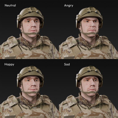 3D scan of a male soldier, in military uniform with four camouflage pattern variations, wearing helmet, combat gloves and tactical vest, standing in an A-pose, from 2020, USA. His uniform made of cotton, polyester, Kevlar and nylon.