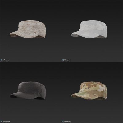 3D scan of a brimmed military cap in four different camouflage patterns, made of cotton, polyester, and nylon, from 2020, USA.