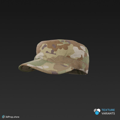 3D scan of a brimmed military cap in four different camouflage patterns, made of cotton, polyester, and nylon, from 2020, USA.