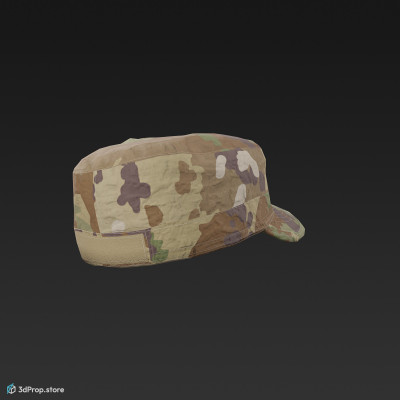 3D scan of a camouflage, brimmed military cap made of cotton, polyester, and nylon, from 2020, USA.