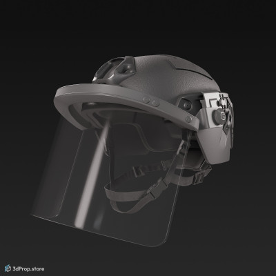 3D model of a military helmet with visor in four different color variations, made of Kevlar and plastic shield, from 2020, USA.