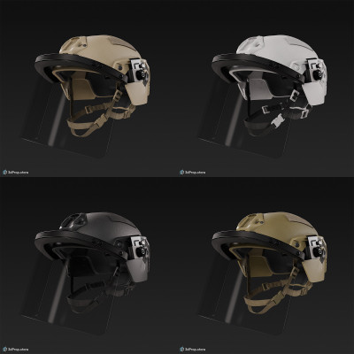 3D model of a military helmet with visor in four different color variations, made of Kevlar and plastic shield, from 2020, USA.