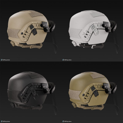 3D model of a military helmet with visor in four different color variations, made of Kevlar and plastic shield, from 2020, USA.