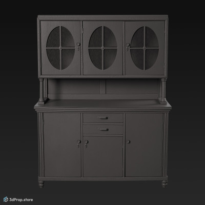 3D model of a blue, wooden kitchen cupboard from 1960 USA.