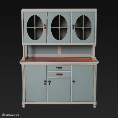 3D model of a blue, wooden kitchen cupboard from 1960 USA.