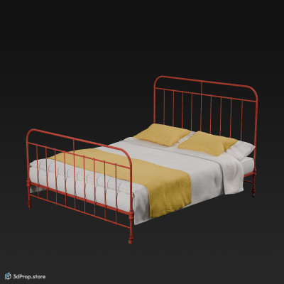 3D model of a red painted metal framed double bed with yellow pillowcases and blanket from 1960, USA.