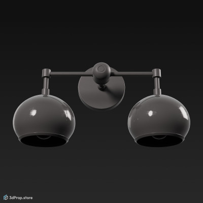 3D model of a metal wall lamp with two spherical, glass lampshades from 1960 USA.