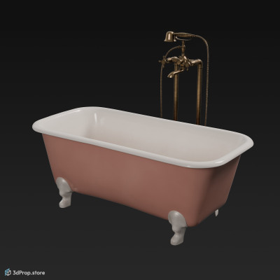 3D model of a four-legged, pink and white ceramic bathtub from 1950, USA.