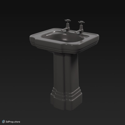 3D model of a pink, ceramic sink with two metal taps, from 1950, USA.