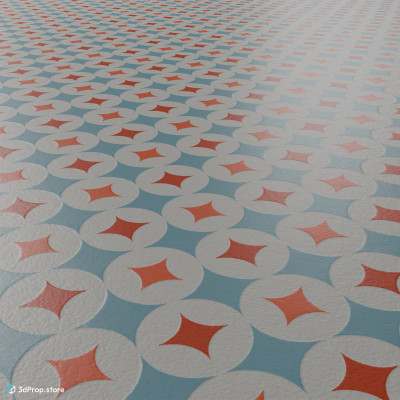 2D photo texture of a wallpaper with bright orange and red patterns on a pale blueish wallpaper background from 1960 USA.