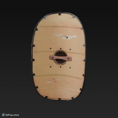 3d scan of a yellow, oval wooden shield with painted green wreath, with a sharp metal point in the middle, from AD 30s Roman Empire, Europe.