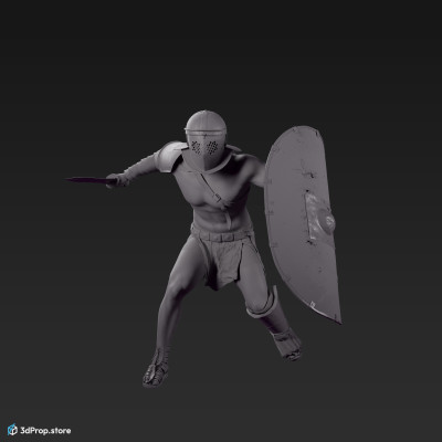 3D scan of a Provocator or Challenger class gladiator man in an attacking pose from AD 30, Roman Empire, Europe.